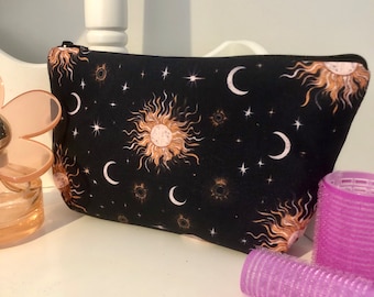 Sun and Moon Aesthetic Cosmetics Bag | Makeup Bag | Wash Bag | Celestial Bag | Witch Bag | Moon Phase Bag | Sunshine Bag