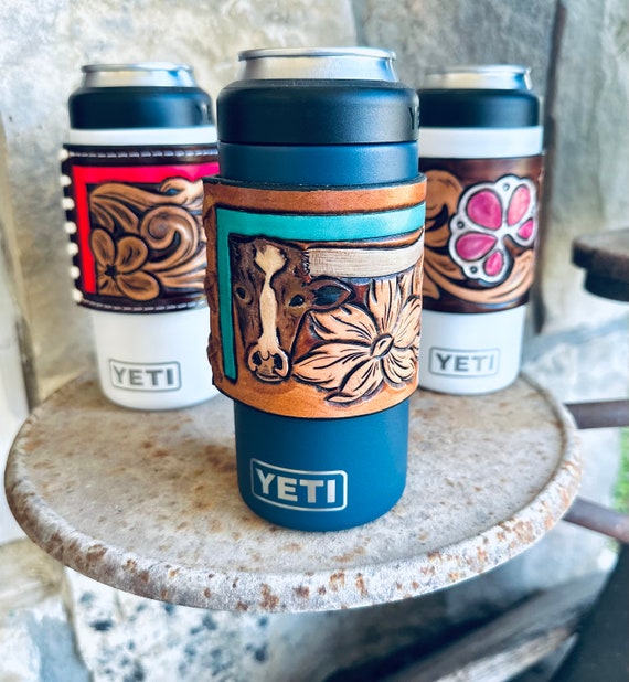 Yeti Koozie With Steer and Floral Tooling 