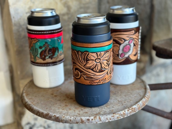 Yeti Koozie with Pink Turquoise Jewelry and Floral Tooling