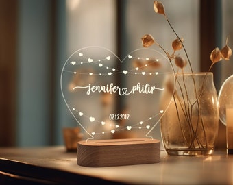 Veilleuse personnalisée pour couple, cadeaux romantiques pour couple, cadeaux d'anniversaire, cadeaux de fiançailles, veilleuse personnalisée, nom et date