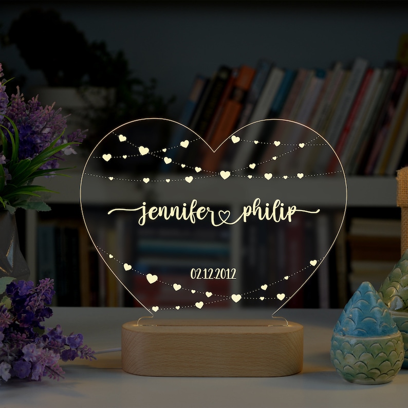 Luz nocturna personalizada para parejas, regalos románticos para parejas, regalos de aniversario, regalos de compromiso, luz nocturna personalizada, nombre y fecha imagen 10