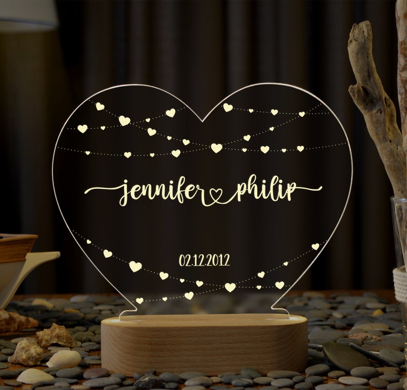 Luz nocturna personalizada para parejas, regalos románticos para parejas, regalos de aniversario, regalos de compromiso, luz nocturna personalizada, nombre y fecha imagen 7