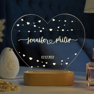 Luz nocturna personalizada para parejas, regalos románticos para parejas, regalos de aniversario, regalos de compromiso, luz nocturna personalizada, nombre y fecha imagen 3