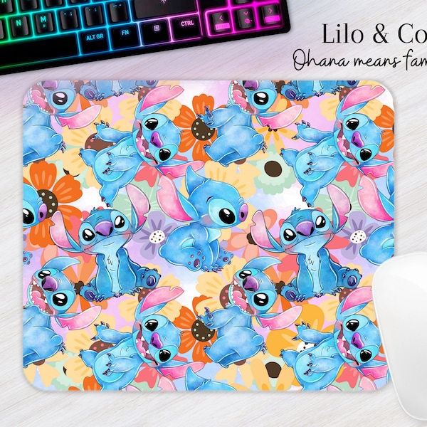 cute and fluffy alien mousepad office set, with name or without name.  custom mousepad, stitch, watercolors, cute desk decor.