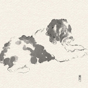 Pode incluir: Uma pintura a tinta preta e branca de um cão deitado numa posição relaxada. A obra apresenta pinceladas soltas e expressivas que definem o pelo encaracolado e a pelagem manchada do animal, sobre um fundo liso de cor clara.
