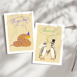 Pacote com 5 cartões postais | Cartões postais fofos de animais | Cartões inspirados em risoto retrô para aniversários e casamentos | Pacote com 5 impressões artísticas