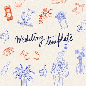May include: A digital illustration featuring the text Wedding template in dark blue script, surrounded by orange and blue line art icons including a camera, flowers, a dachshund, a gift, a bottle, and a couple celebrating with a drink.
