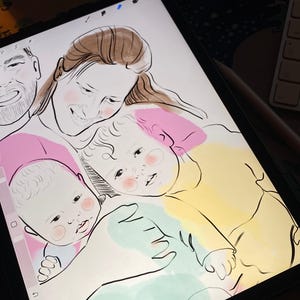 Hand-Drawn Watercolor Family Portrait: Custom Digital Art Gift