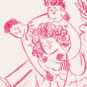 Peut inclure: Une illustration numérique dans des tons rose vif sur un fond blanc cassé texturé représentant deux personnages. Un personnage aux cheveux bouclés est porté sur le dos d'un autre personnage aux cheveux bouclés, tous deux en trait.