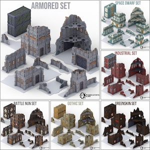 Könnte beinhalten: Eine Sammlung von Miniatur-Wargaming-Geländesets mit den Bezeichnungen Armored Set, Space Dwarf Set, Industrial Set, Battle Nun Set, Gothic Set und Greenskin Set. Jedes Set enthält verschiedene graue, rote, braune und blaue Gebäuderuinen und Mauerabschnitte.