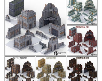 Könnte beinhalten: Eine Sammlung von Miniatur-Wargaming-Geländesets mit den Bezeichnungen Armored Set, Space Dwarf Set, Industrial Set, Battle Nun Set, Gothic Set und Greenskin Set. Jedes Set enthält verschiedene graue, rote, braune und blaue Gebäuderuinen und Mauerabschnitte.