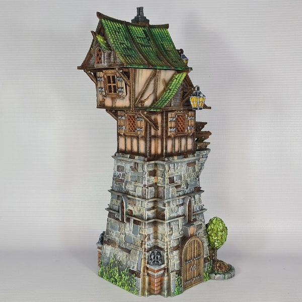 Torre fantasy in pietra in miniatura Grande edificio medievale in legno Terreno da tavolo da 28 mm Terreno da casa da 32 mm adatto per Warhammer Age of Sigmar