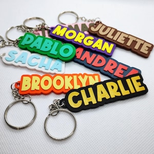 Peut inclure: Un ensemble de porte-clés colorés avec des noms imprimés dessus. Les noms incluent "Sacha", "Pablo", "Morgan", "André", "Juliette", "Brooklyn" et "Charlie".