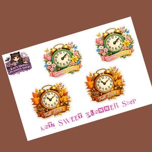 May include: Four sticker designs featuring alarm clocks surrounded by flowers and autumn leaves. Two clocks say "Spring Forward" and two say "Fall Back". The text "KAT'S SWEET PLANNER SHOP" is also visible.