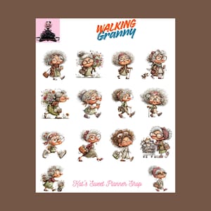 May include: A sheet of stickers featuring illustrations of an elderly woman with glasses, walking with a cane, carrying flowers, and pushing a shopping cart. The text "Walking Granny" is at the top, and "Kat's Sweet Planner Shop" is at the bottom.
