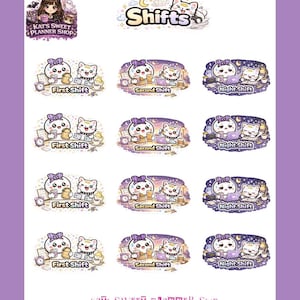 May include: A sheet of planner stickers with a purple border. The stickers feature cute cartoon cats and text that reads "First Shift", "Second Shift", and "Night Shift". The shop name "Kat's Sweet Planner Shop" is also visible.