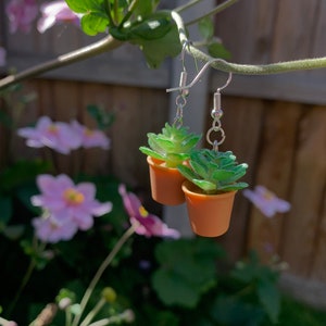 May include: A pair of silver dangle earrings featuring miniature potted succulents. The succulents are green and the pots are brown.