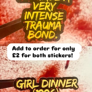 Puede incluir: Dos pegatinas con contornos negros y texto amarillo. Una dice "I'M NOT FAMILY, BUT WE HAVE A VERY INTENSE TRAUMA BOND." La otra dice "GIRL DINNER (1996)." El fondo es rojo con salpicaduras blancas.