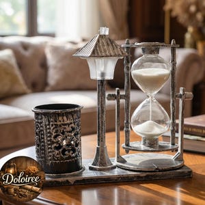 Handmade Hourglass Decor with Street Lamp & Pen Holder, Vintage Sand Timer Desk Organizer Accent