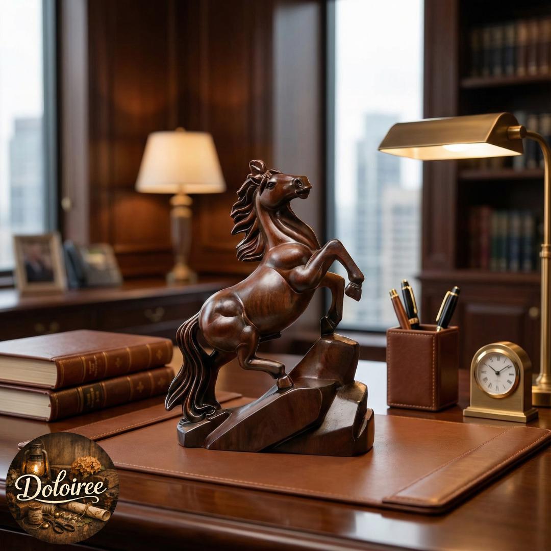 STATUETTE CHEVAL EN BOIS SCULPTE sur socle, PATINE ROUGE ET OR, Inde