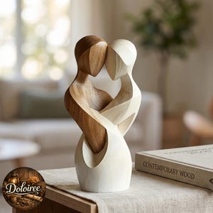 Escultura artesanal de casal em madeira, estátua romântica de amor, estatueta moderna abstrata em madeira, presente de casamento ou aniversário.