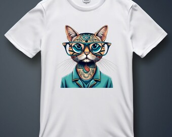 Camiseta Gato Hipster con gafas y tatuajes Camiseta, camiseta nerd, camiseta moderna urbana, Softstyle unisex