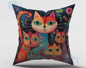 Contemporary Cat Motifs Cushion Cover, Lively Pillow Cover with Vibrant Colors, Cute Cats Pillow Case, 3D Printed Cushion Cover