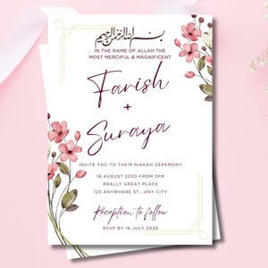 Plantilla editable de invitación de boda musulmana / Invitación para ceremonia Nikah en tonos pastel / Descarga digital de boda islámica / Tarjeta de boda moderna de Canva