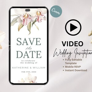 Könnte beinhalten: Eine digitale Hochzeitseinladung, die auf einem Smartphone-Bildschirm angezeigt wird. Das Design zeigt florale Akzente und den Text "SAVE THE DATE" mit den Namen Katherine & William und dem Datum 11. Februar 2030. Eine Video-Hochzeitseinladung wird ebenfalls beworben.
