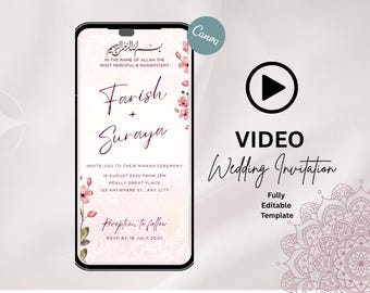 Muslim Wedding Invitation Video, Modern Nikkah Invitation, Islamic wedding invite, Video Nikah Invite, Floral, Mobile-friendly, Muslim Bride