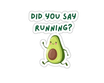 以下が含まれることがあります： 笑顔の緑色のアボカドが「Did you say running?」というテキストの上を走っています。