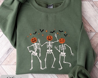 Tanzendes Skelett Halloween Sweatshirt, Kürbiskopf Skelette