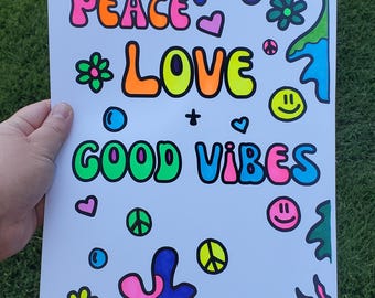 Kleurplaat Peace Love | Boho Positive Vibes-kunst (digitale download)