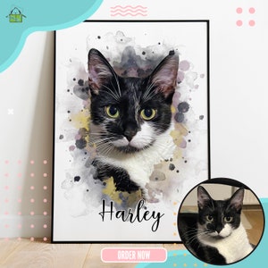 May include: A watercolor painting of a black and white cat with green eyes. The cat's name, "Harley", is written in cursive below the image.