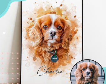 May include: A watercolor painting of a brown and white Cavalier King Charles Spaniel dog with a name tag that says "Charlie". The dog is looking directly at the viewer. The painting is on a white background with brown watercolor splatters.