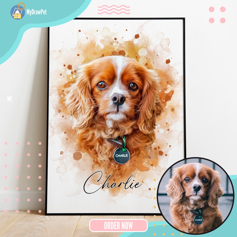 May include: A watercolor painting of a brown and white Cavalier King Charles Spaniel dog with a name tag that says "Charlie". The dog is looking directly at the viewer. The painting is on a white background with brown watercolor splatters.