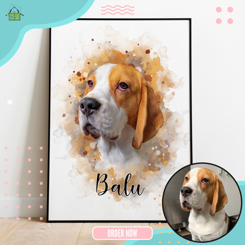 May include: A watercolor painting of a Beagle dog with brown and white fur. The dog's name, "Balu", is written in cursive below the dog's portrait. The painting has a brown and yellow watercolor background.