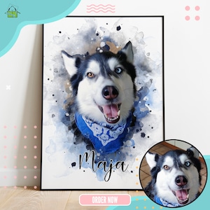 May include: A watercolor painting of a husky dog with blue eyes and a blue bandana. The dog is looking at the camera and has a happy expression. The painting is on a white background with a light blue watercolor wash. The dog's name, "Maja", is written in black below the dog.