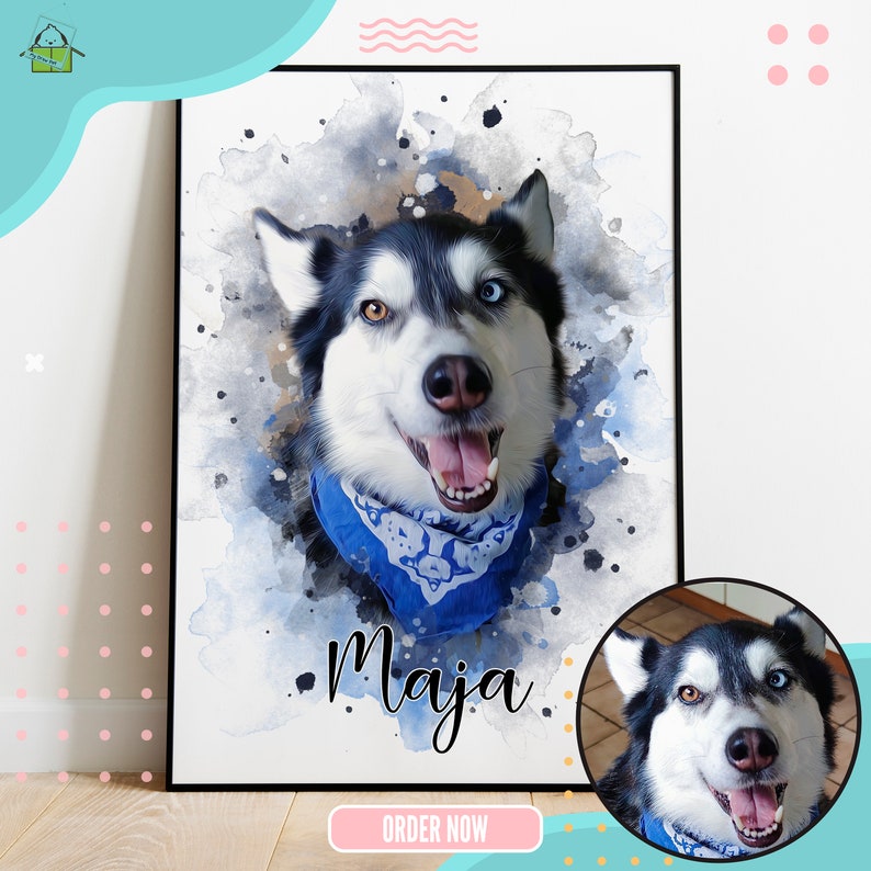 May include: A watercolor painting of a husky dog with blue eyes and a blue bandana. The dog is looking at the camera and has a happy expression. The painting is on a white background with a light blue watercolor wash. The dog's name, "Maja", is written in black below the dog.