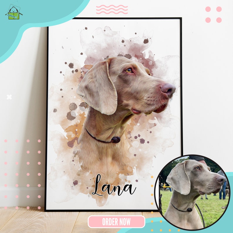 May include: A watercolor painting of a dog named Lana. The dog is a Weimaraner with a light brown coat and a black collar. The painting has a brown and orange watercolor background with white splatters.
