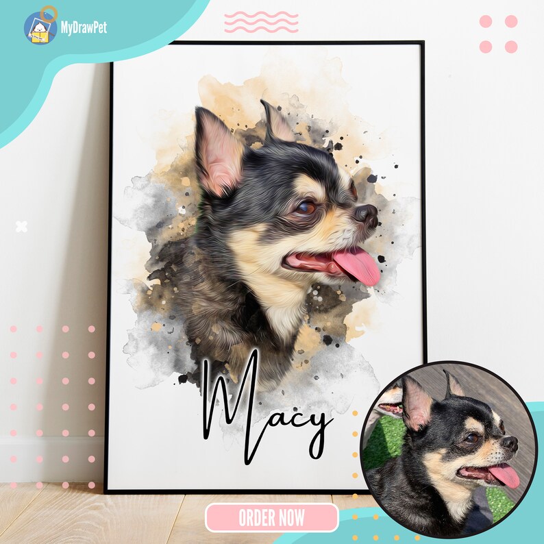 May include: A watercolor painting of a black and brown chihuahua with its tongue sticking out. The dog's name, "Macy", is written in cursive below the image.
