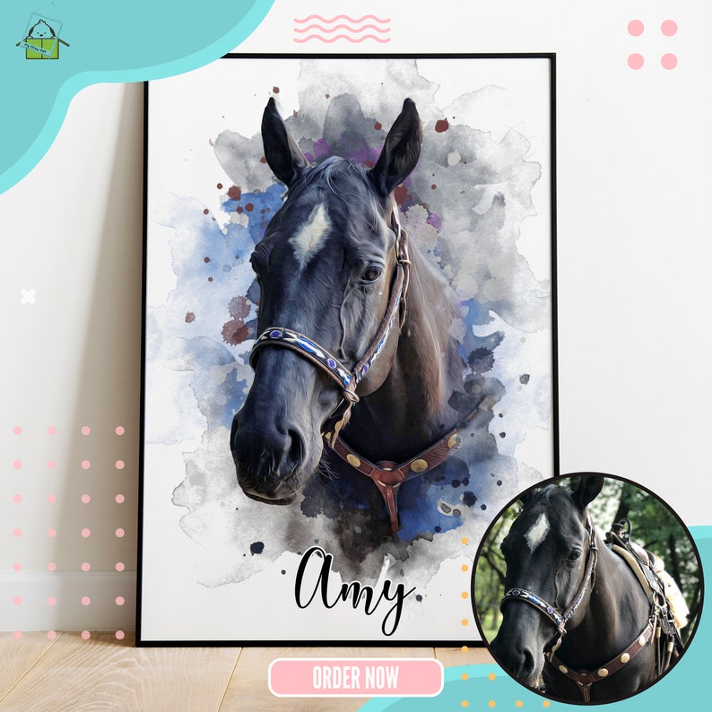 May include: A watercolor painting of a black horse with a brown leather halter. The horse's name, "Amy", is written in cursive below the image.