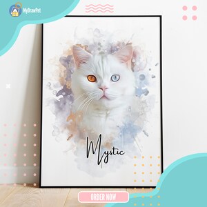 May include: A watercolor painting of a white cat with one blue eye and one orange eye. The cat's name is "Mystic" and is written in cursive below the cat's image.