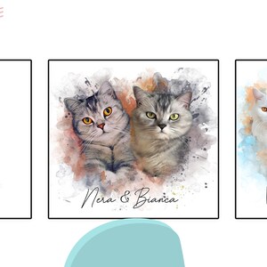 May include: Three watercolor paintings of cats. The first painting features a white cat with one blue eye and one orange eye. The second painting features two gray tabby cats. The third painting features three cats: a white cat, an orange tabby cat, and a black cat.
