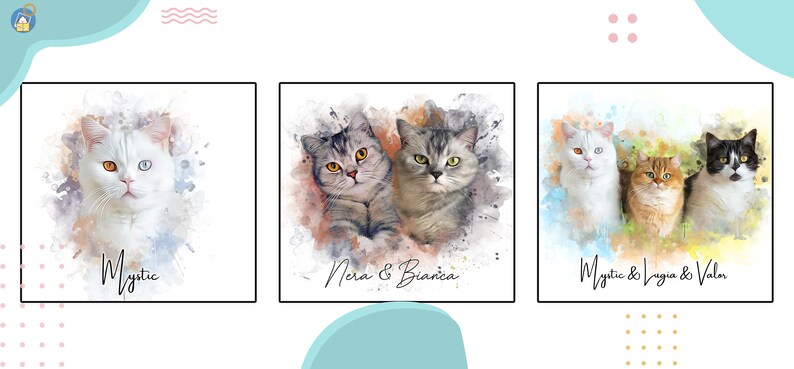 May include: Three watercolor paintings of cats. The first painting features a white cat with one blue eye and one orange eye. The second painting features two gray tabby cats. The third painting features three cats: a white cat, an orange tabby cat, and a black cat.