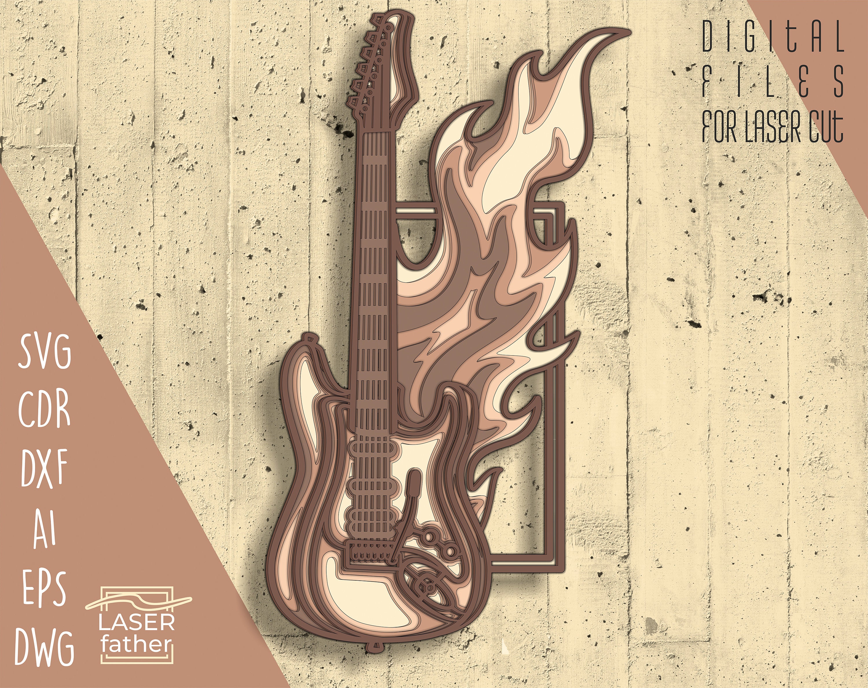 3D Multilayered Rock Guitar SVG File, Laser Cut Files, Rock Music SVG