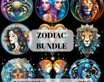 36 Zodiac Sign Bundle, Digital Prints for T-shirt, Hoodie, Tote Bags, PNG, DTF, Vector