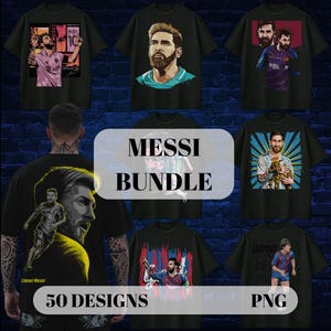 Peut inclure: Plusieurs t-shirts vert foncé avec des motifs graphiques de Lionel Messi. Les motifs comprennent des portraits, des poses d'action et du texte. L'image comprend également le texte "MESSI BUNDLE", "50 DESIGNS" et "PNG".