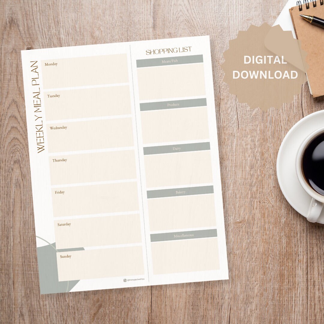 Weekly Meal Plan &amp; Grocery Shopping List Sheet, Digital Download, Printable Sheet - Etsy