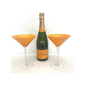 Set of 2 MARTINI GLASS CHAMPAGNE Couple Glasses, Yellow Orange, 7.4&quot; Tall x 5&quot; Wide, Veuve
